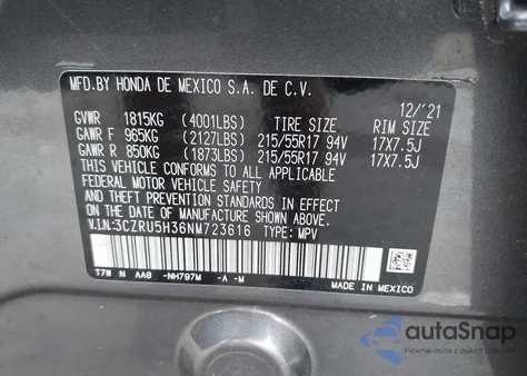 2022 Honda Hr-V 2Wd Lx z USA, uszkodzony, nr VIN 3CZRU5H36NM723616